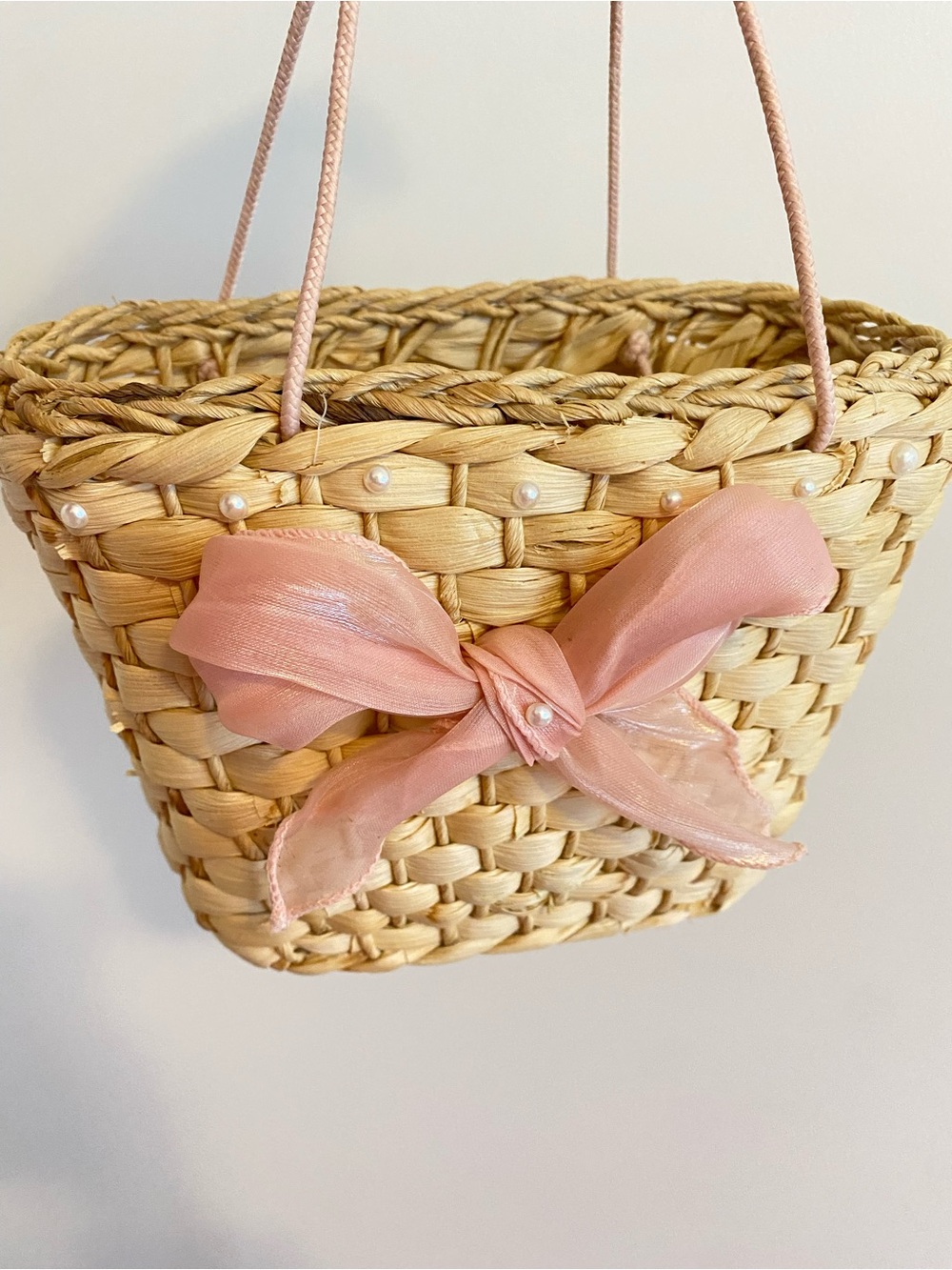 Blush Pink Bag Kawaii Pink Bow Pearl Purse Bow Handbag Rattan Cute Pink Handbag